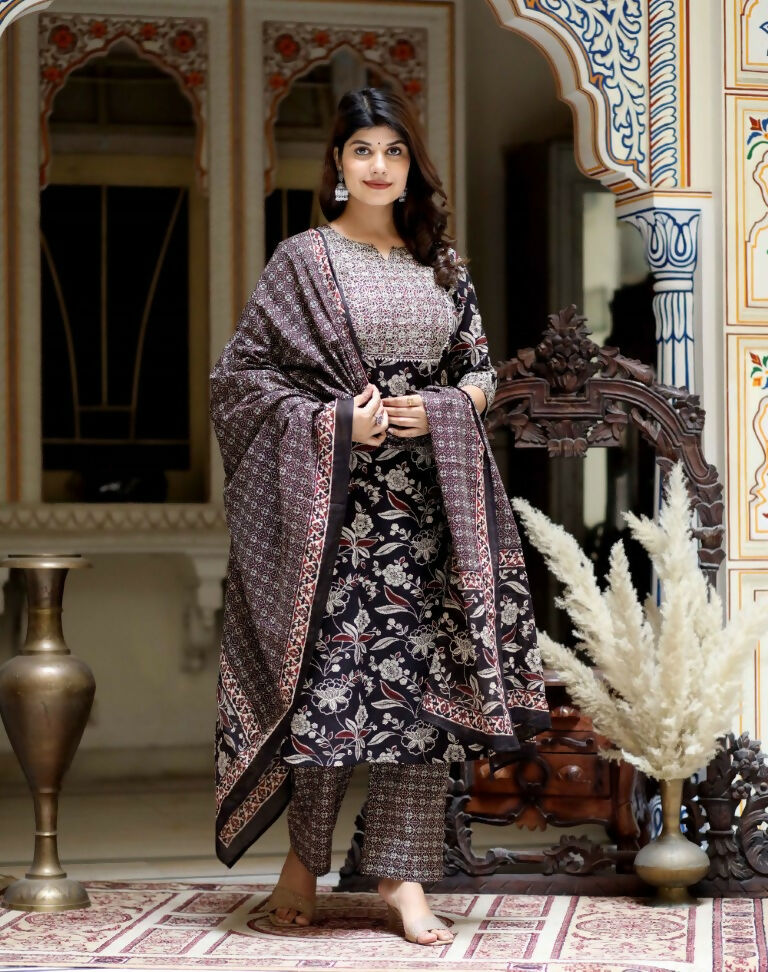 Miravan Women's Multi Colour Floral Printed Embroidery Yoke Design Kurta With Palazzo And Duptta Set | Grocsy