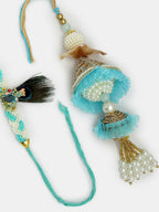NVR Women & Men Set of 2 Blue Krishna Pearl Bhaiya Bhabhi Rakhi With Roli Chawal | Grocsy