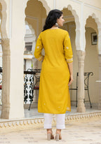 Kaajh Women's Mustard Chikhankari Embroidered Kurta Pant Set | Grocsy