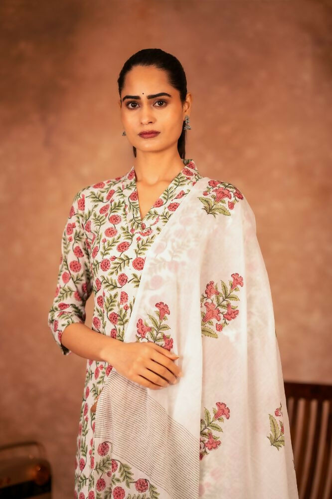 Joban Fashion Red Green Hand Block Printed Cotton Suit Set | Grocsy