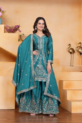 Joban Fashion Teal Crepe Embroidered Sharara Set | Grocsy