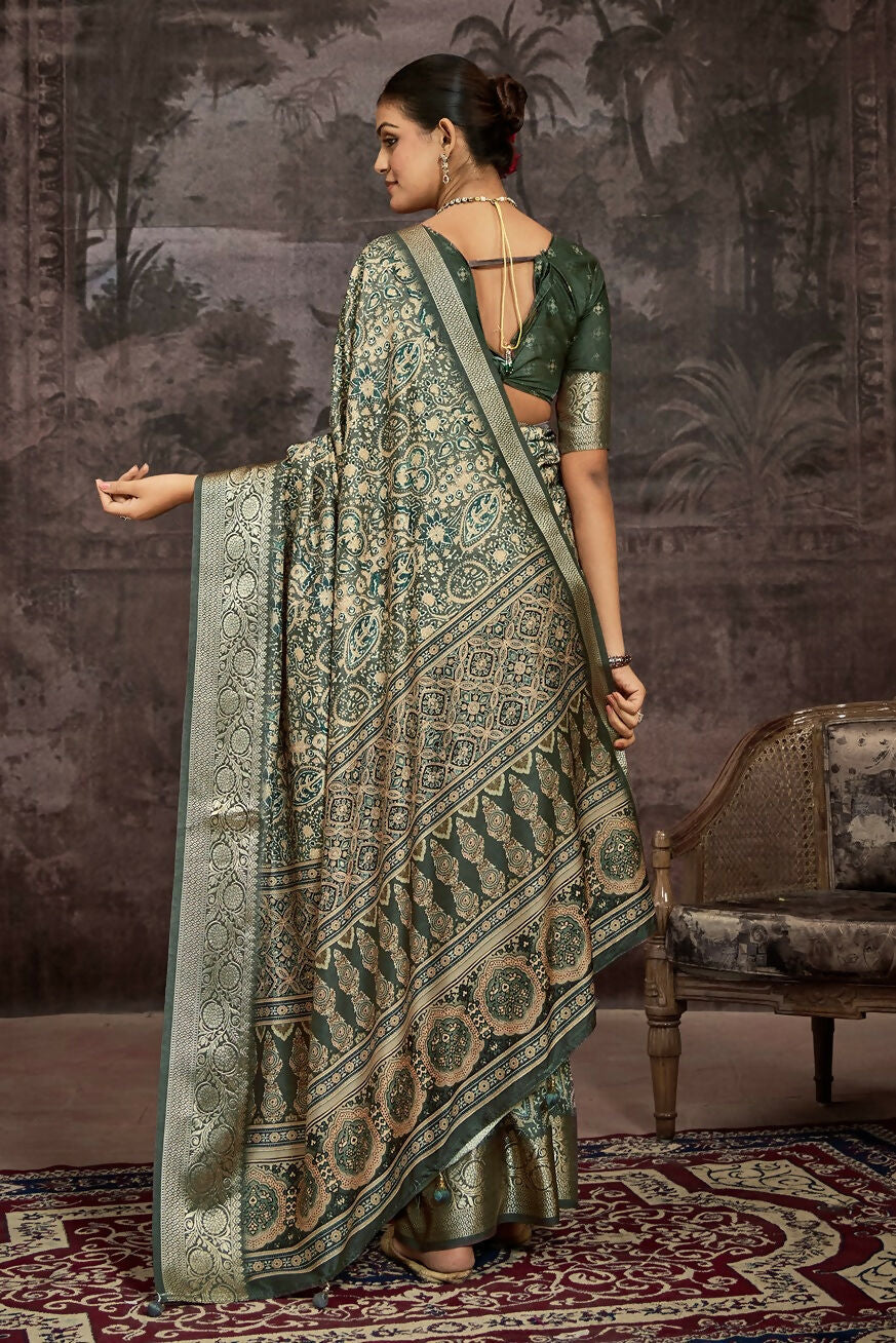 Joban Fashion Green Art Silk With Fine Viscose Border Ajrak Full Body Print With Soft Finish Saree | Grocsy