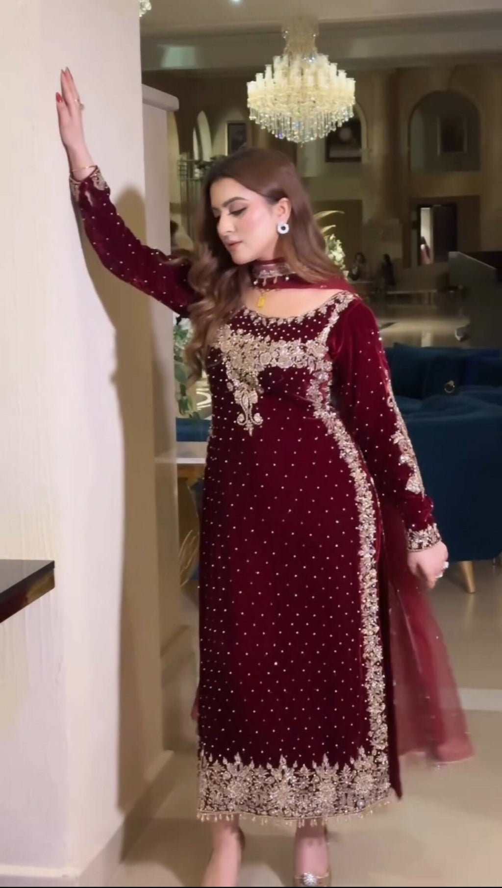Joban Fashion Wine Velvet Sequence Embroidery Work Kurta Set | Grocsy