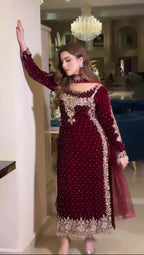 Joban Fashion Wine Velvet Sequence Embroidery Work Kurta Set | Grocsy