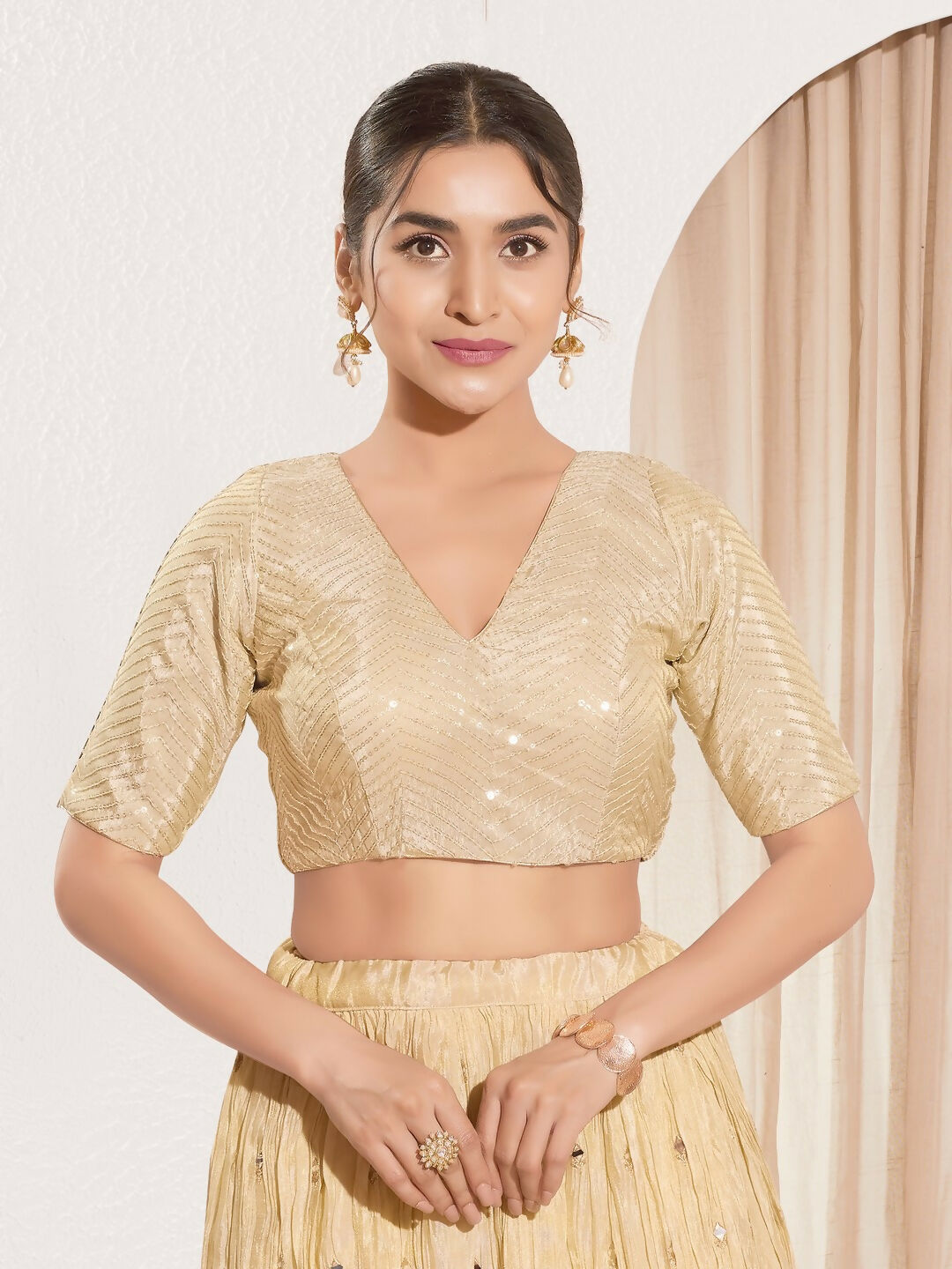 Joban Fashion Gold Sequins Padded Blouse With V Neck Elbow Sleeves | Grocsy