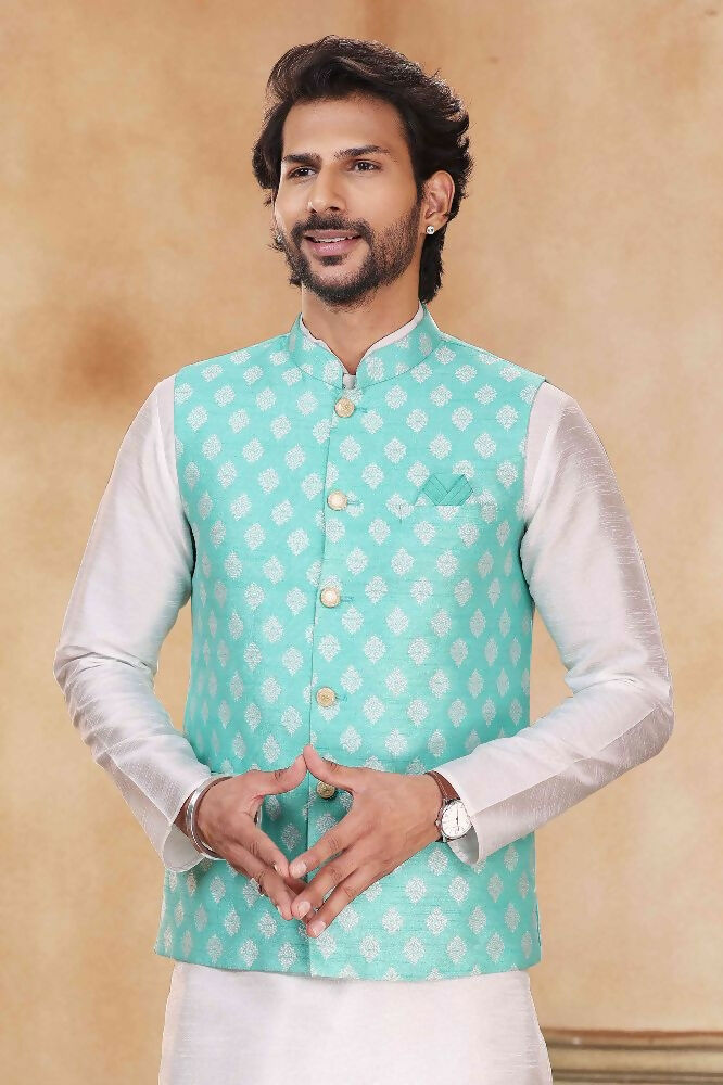 Raivat Ethnic Jacquard Banarasi Silk Woven Work 3 Pics Jacket Set In Sky Blue Colour | Grocsy
