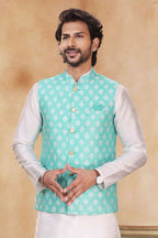 Raivat Ethnic Jacquard Banarasi Silk Woven Work 3 Pics Jacket Set In Sky Blue Colour | Grocsy