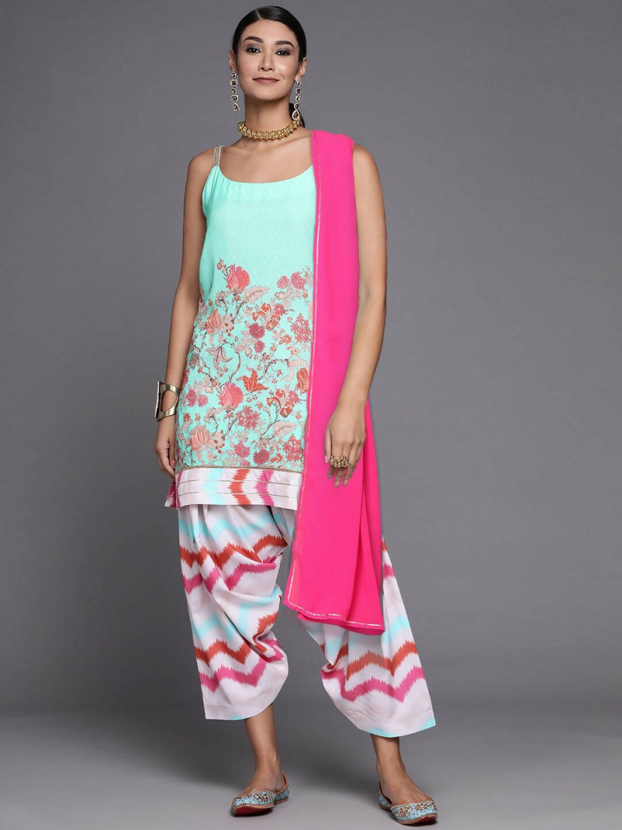 Ahalyaa Women Blue Floral Printed Kurta with Patiala & With Dupatta | Grocsy