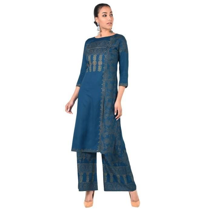 Aniyah Rayon Block Print Front Slit Straight Kurta With Palazzo Set In Blue (AN-166K) | Grocsy