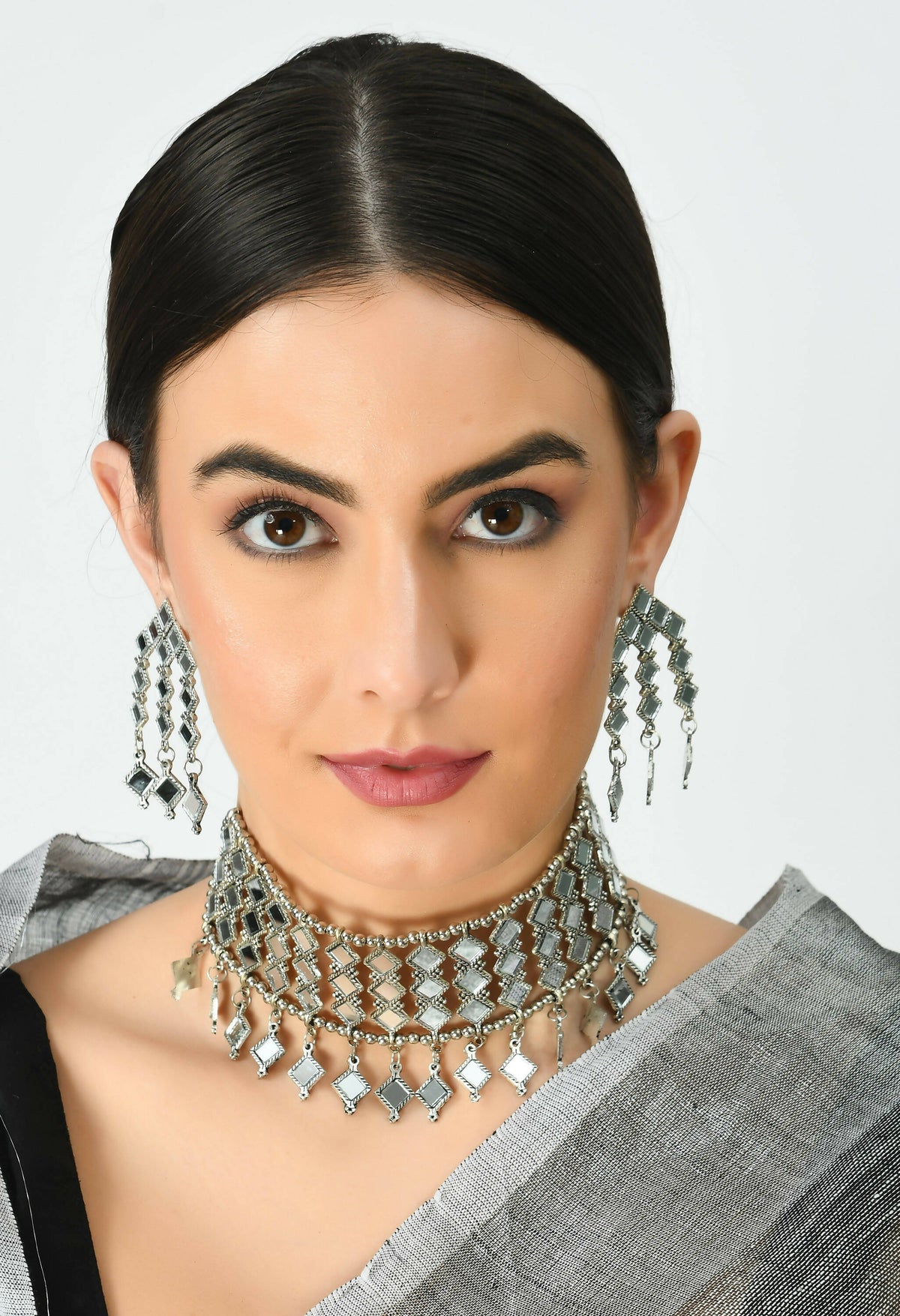 Mominos Fashion Johar Kamal Oxidised Silver-Plated Alloy Finish Mirror Choker For Women | Grocsy