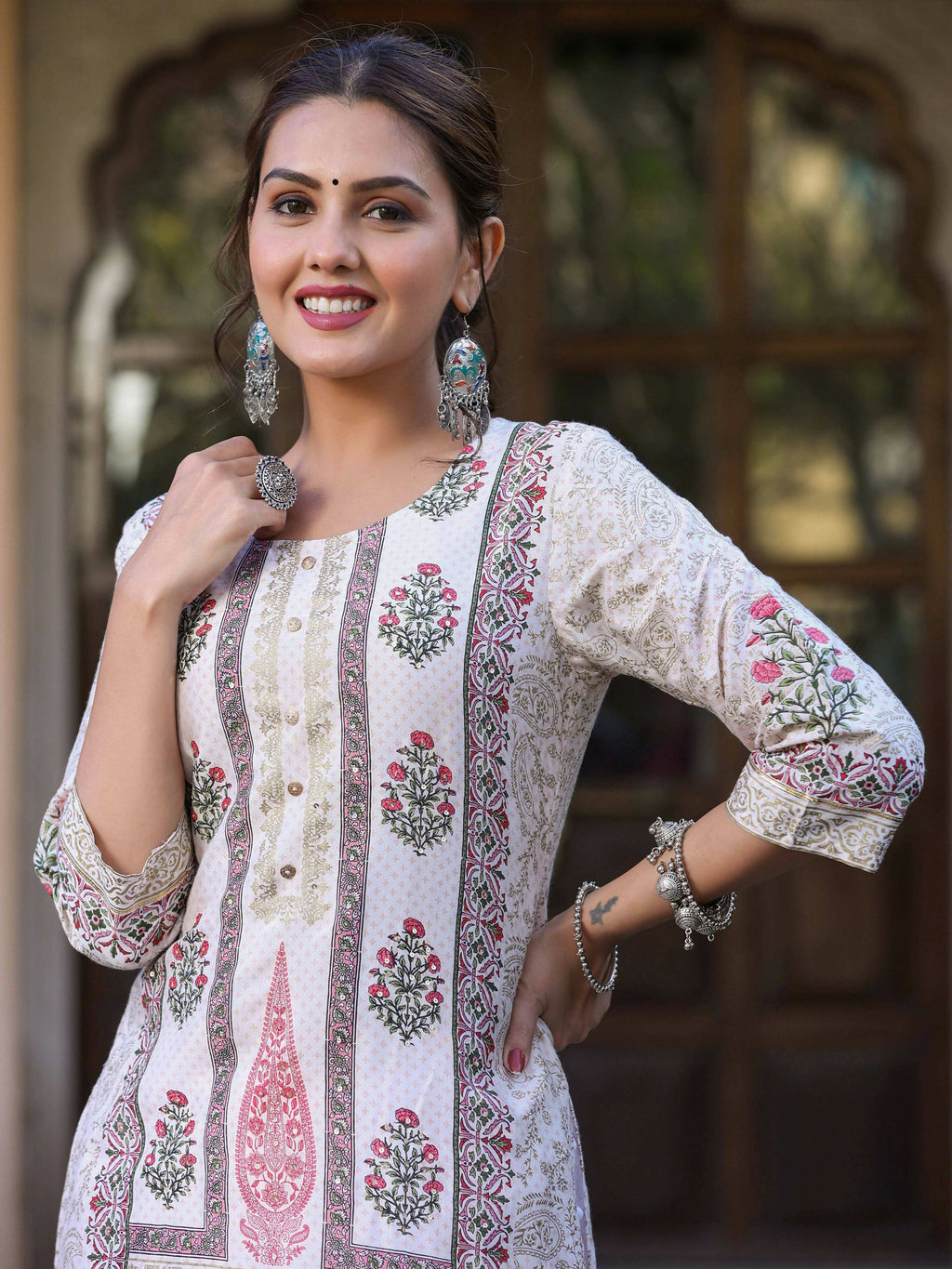 Juniper Women's Pink Viscose Shantoon Festive Printed Straight Kurta | Grocsy