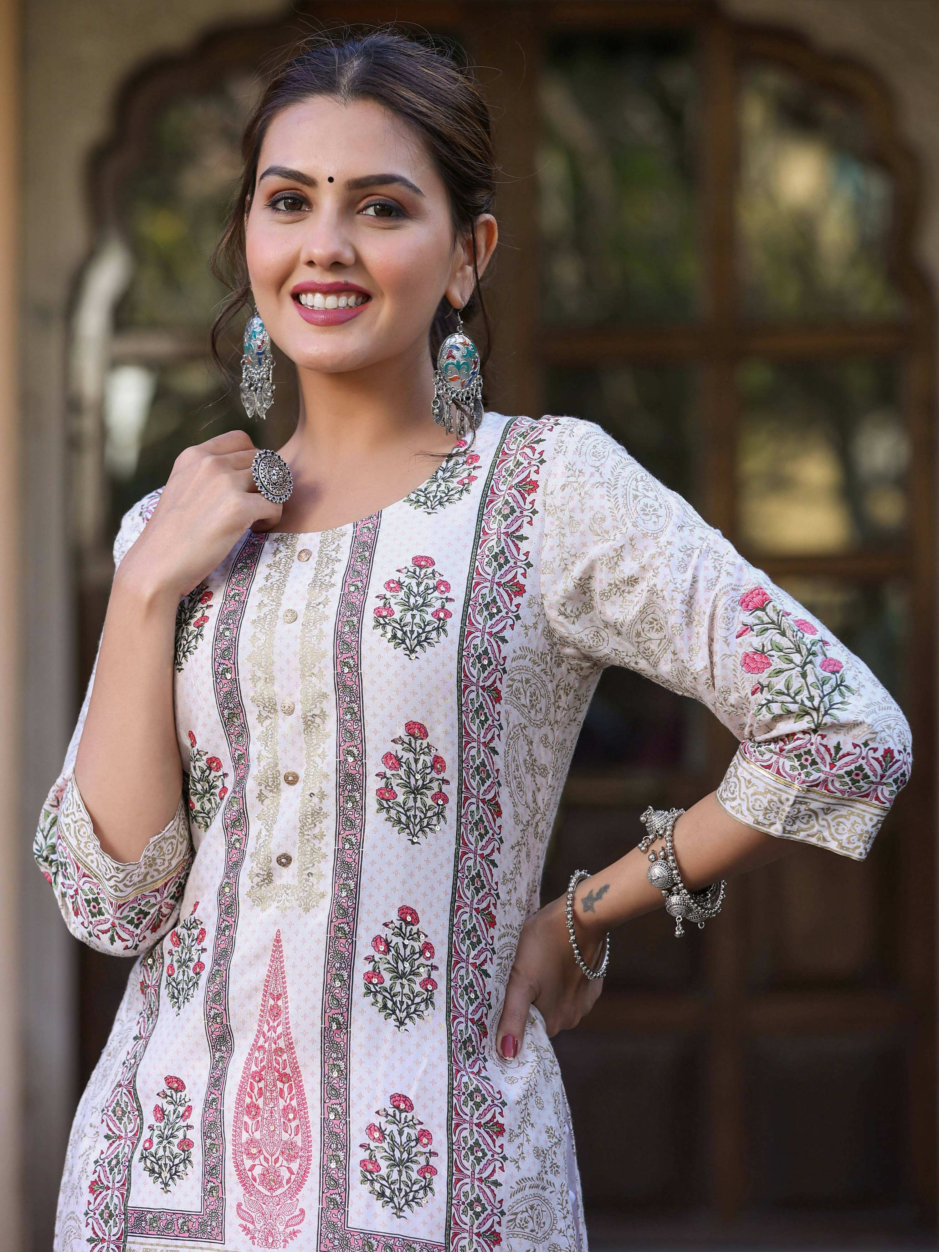 Juniper Women's Pink Viscose Shantoon Festive Printed Straight Kurta | Grocsy