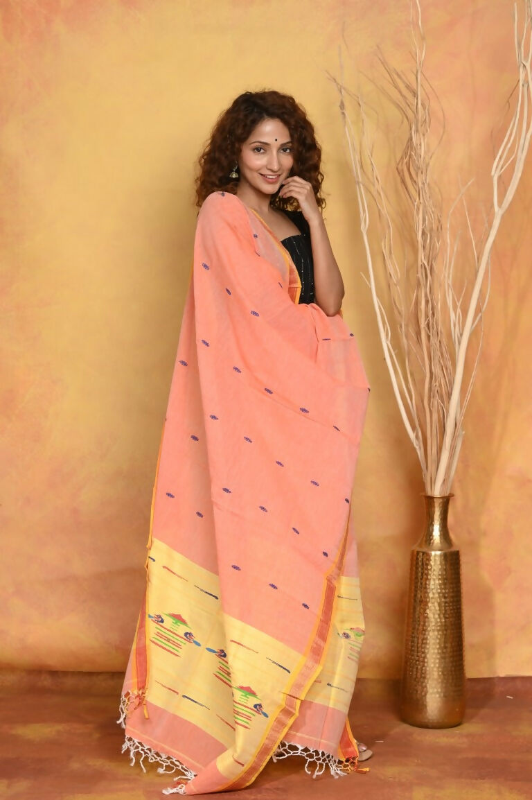 Very Much Indian Handloom Pure Cotton Paithani Dupatta Orange | Grocsy