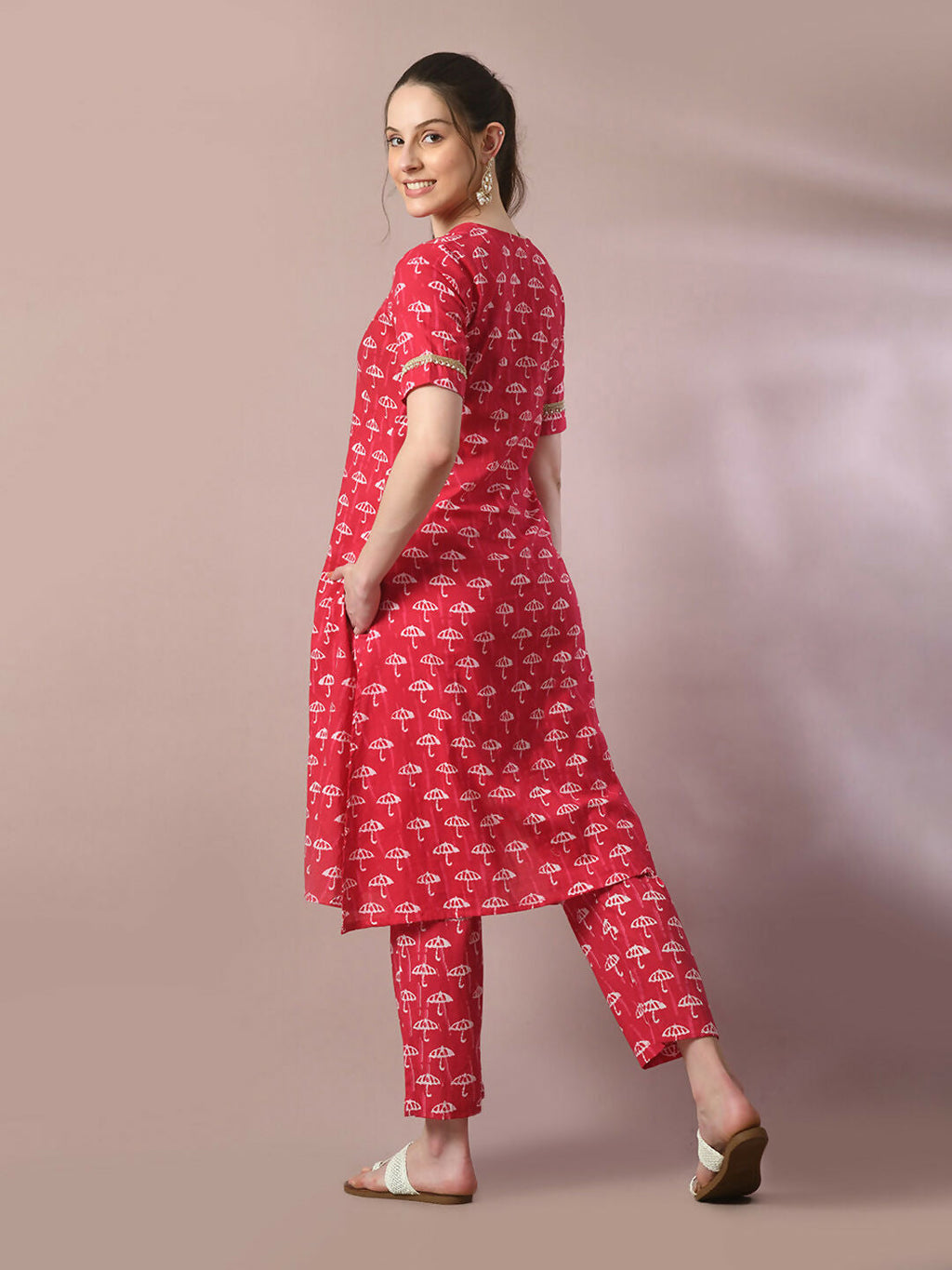 Myshka Women's Pink Printed Cotton Straight Party Kurta Set With Dupatta | Grocsy