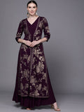 Ahalyaa Women Burgundy Floral Fit & Flare Maxi Ethnic Dress | Grocsy