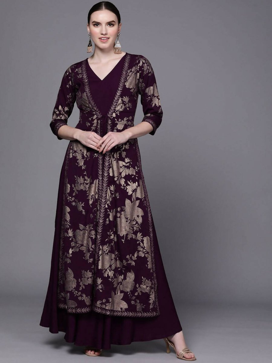 Ahalyaa Women Burgundy Floral Fit & Flare Maxi Ethnic Dress | Grocsy