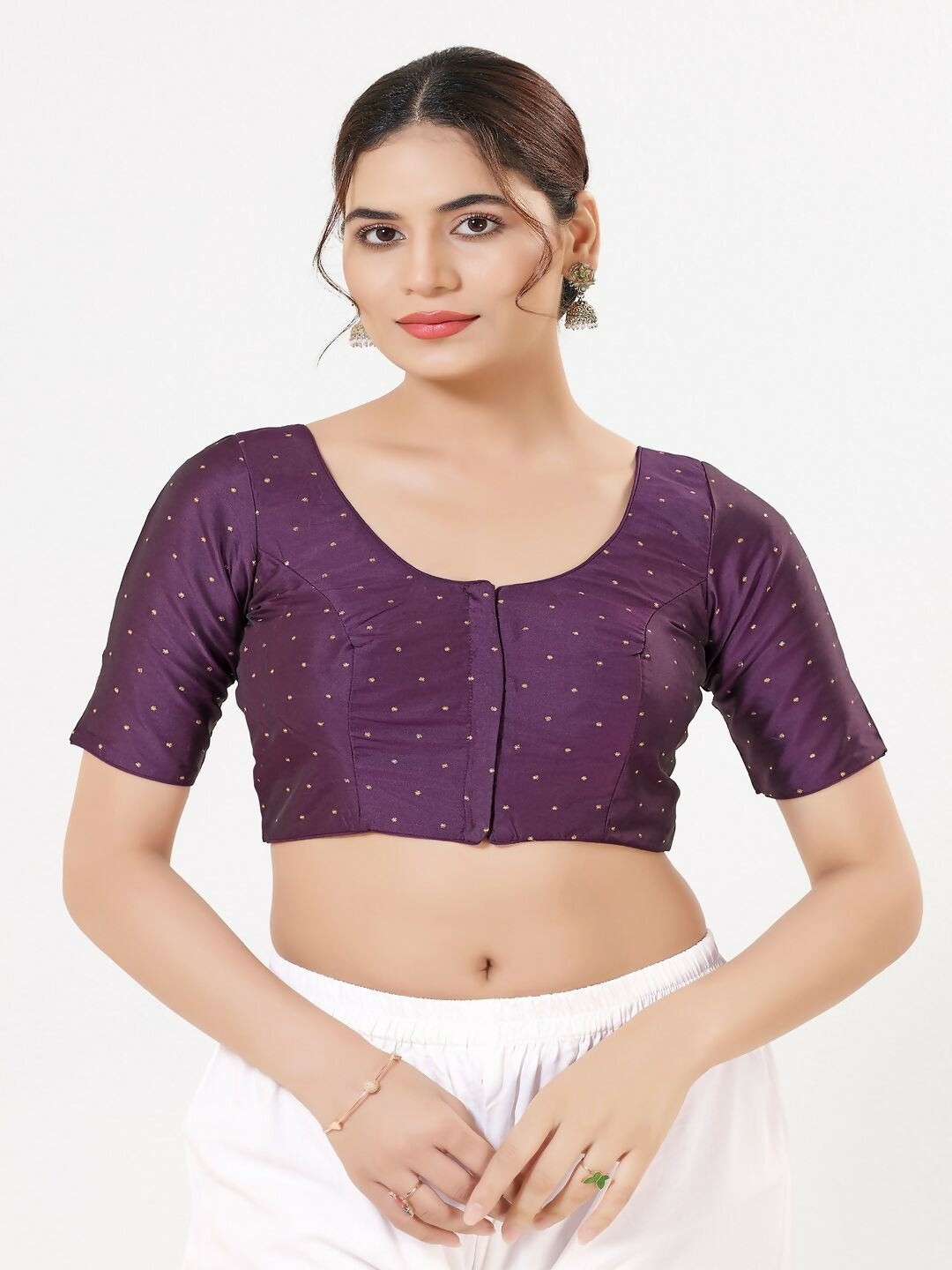 Joban Fashion Wine Taffeta Silk Elbow Sleeveless Front Open Blouse | Grocsy