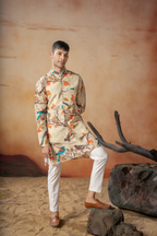 Serenity Bird Themed Print Cotton Nehrujacket Set by Hilo Design | Grocsy
