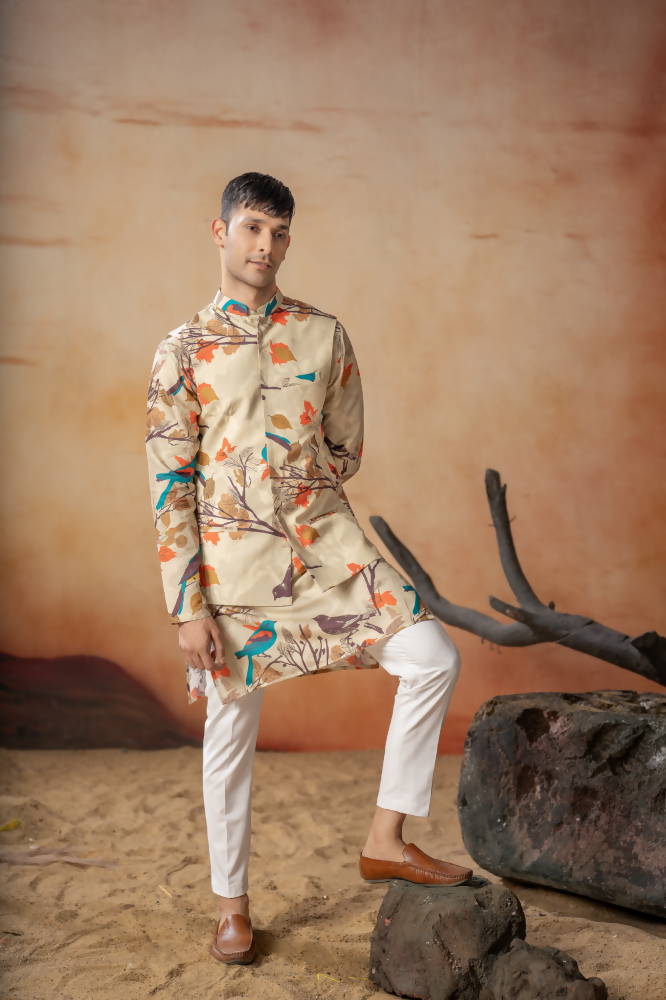 Serenity Bird Themed Print Cotton Nehrujacket Set by Hilo Design | Grocsy