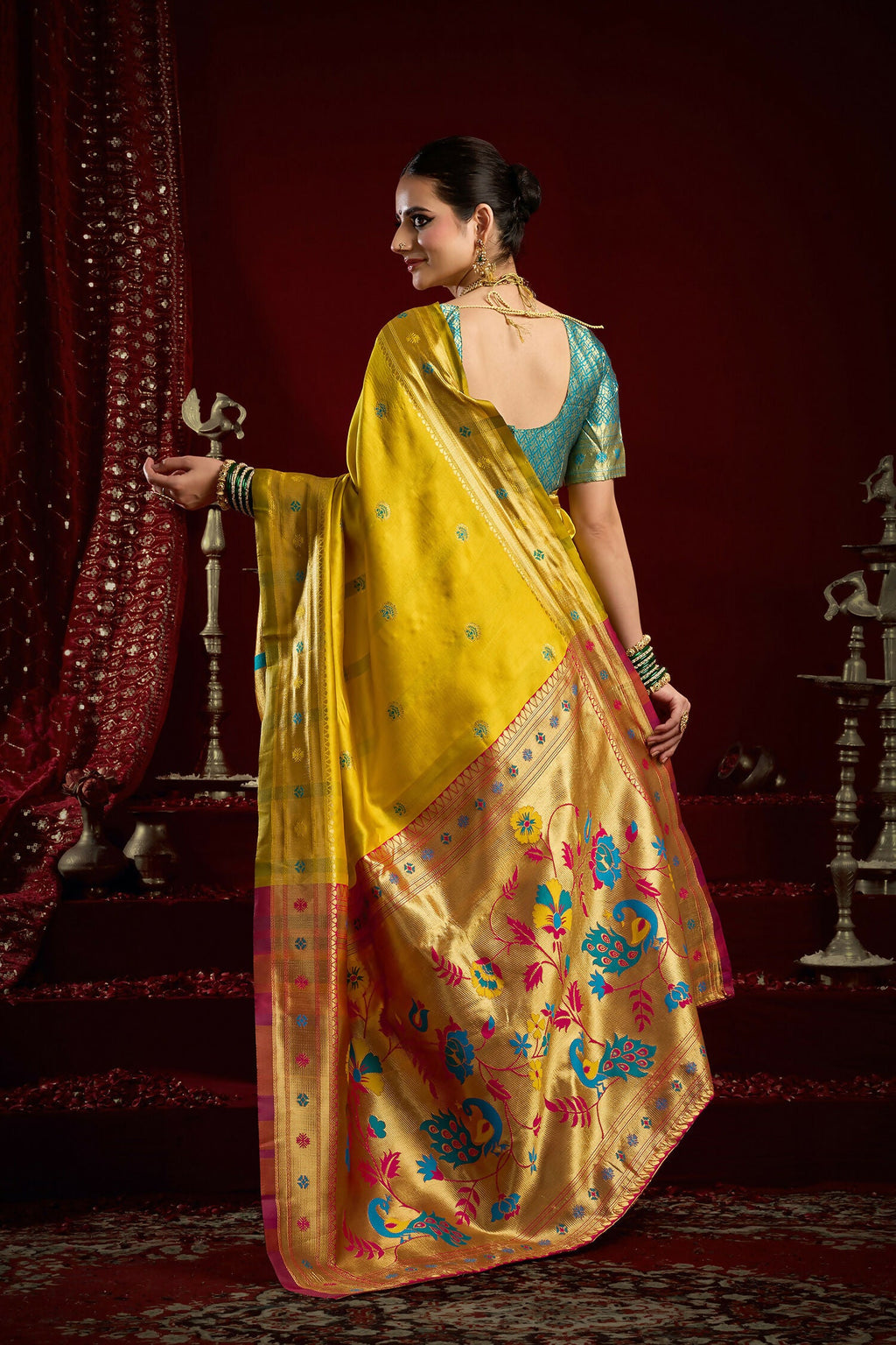 Joban Fashion Yellow Paithani Silk Blend Butti Saree | Grocsy