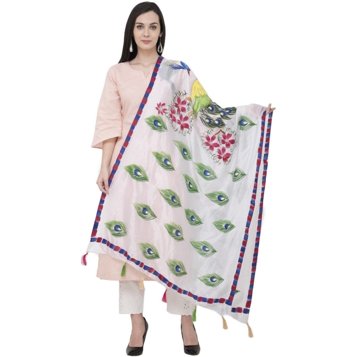 A R Silk Silk Peacock Multi Fancy Dupatta Color White Dupatta or Chunni | Grocsy