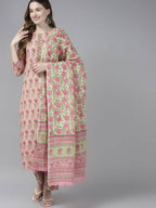 Yufta Women Pink Floral Print Aari Work Pure Cotton Kurta with Palazzo and Dupatta | Grocsy