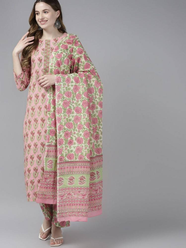 Yufta Women Pink Floral Print Aari Work Pure Cotton Kurta with Palazzo and Dupatta | Grocsy