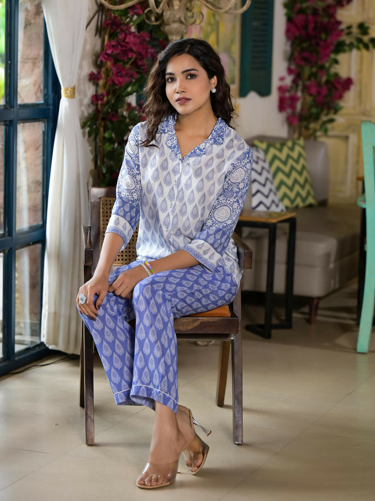 Juniper Women's Purple Ethnic Motif Printed Viscose Kurta & Pants Set With Buttons | Grocsy