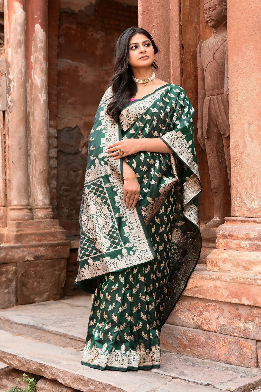 Joban Fashion Emerald Green Banarasi Katan Pure Handloom Banarasi Silk Saree | Grocsy