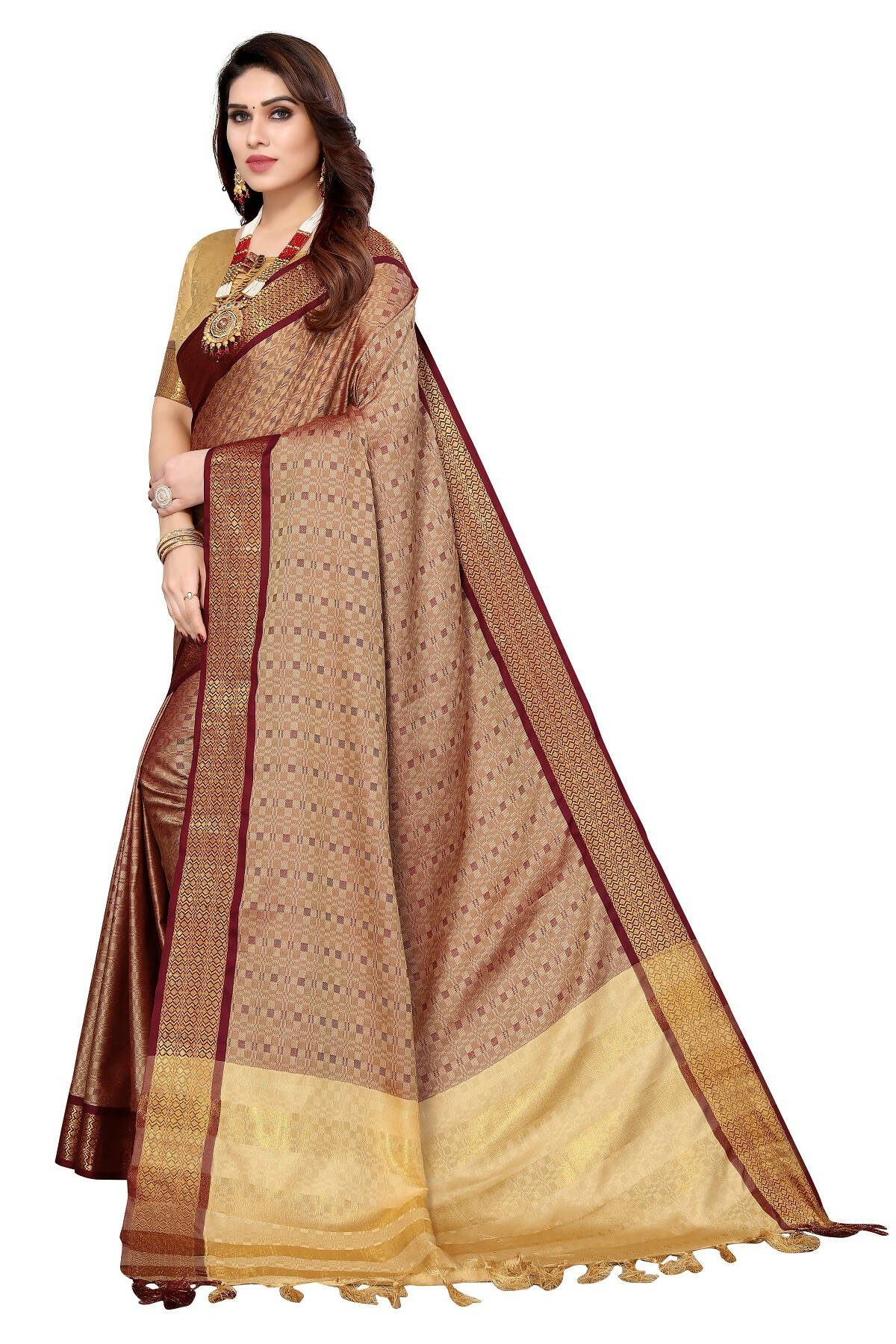 Vamika Weaving Brown Cotton Silk Saree | Grocsy