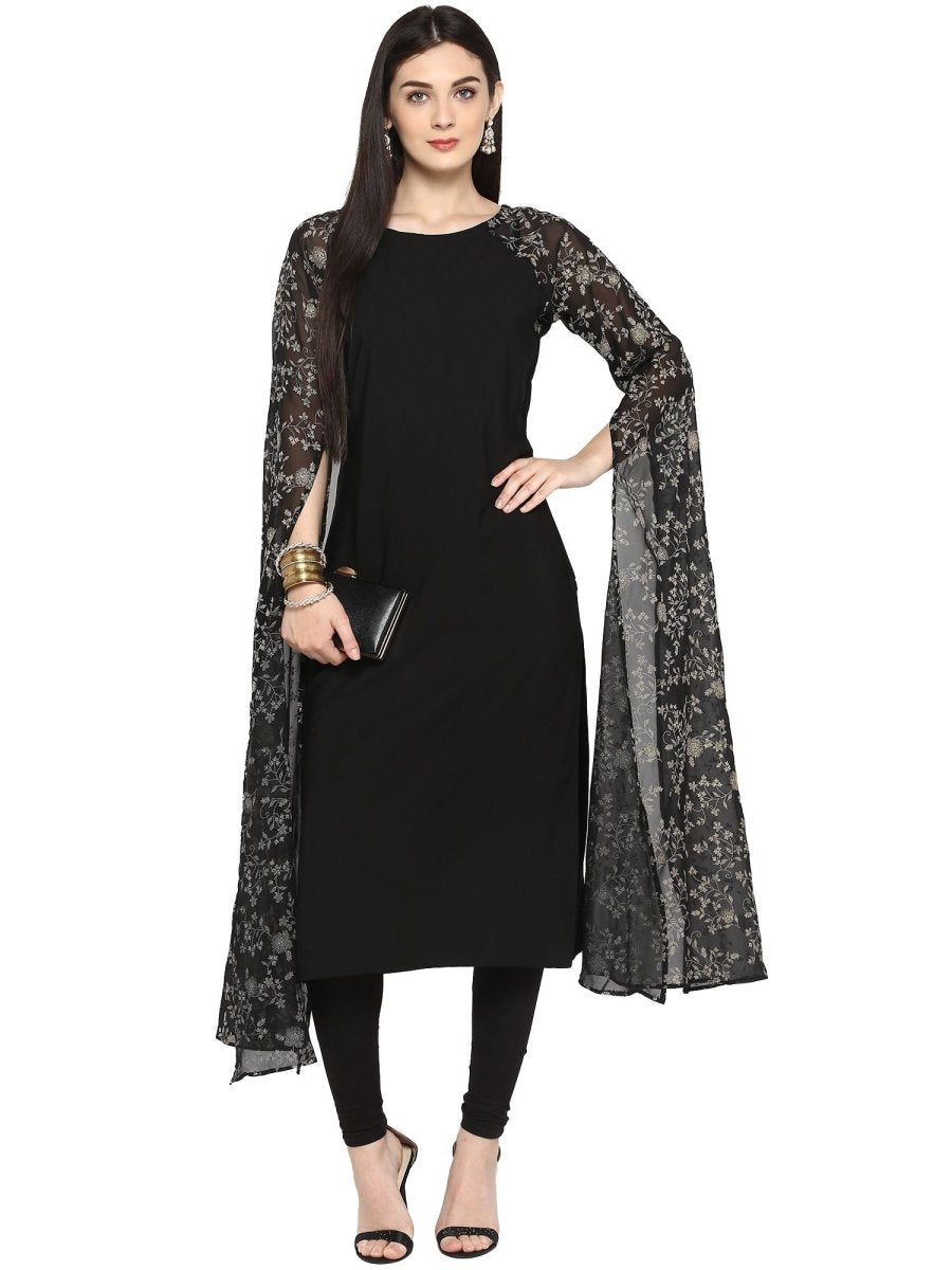 Ahalyaa Women's Black Georgette Rubber Glitter Print Kurta | Grocsy