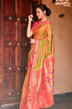 Very Much Indian Handloom Yeola Pure Silk Paithani - Dual Tone Green Pink | Grocsy