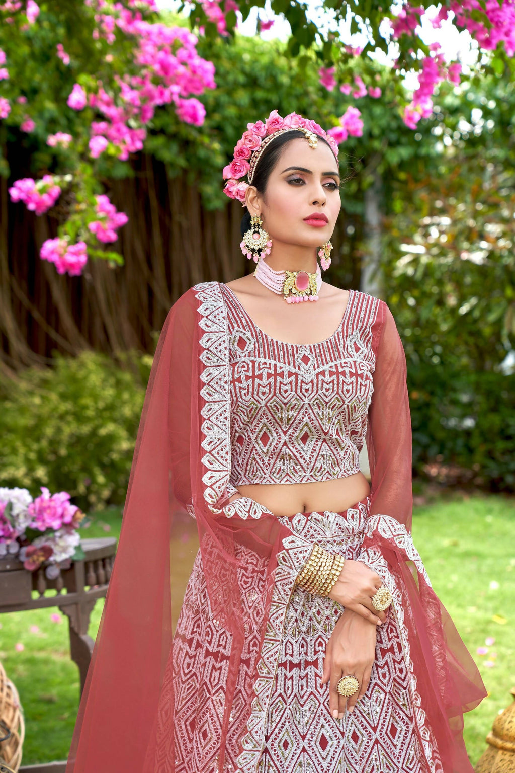 Pink Net Embroidered Semi Stitched Lehenga Choli with Dupatta - Bhagya | Grocsy