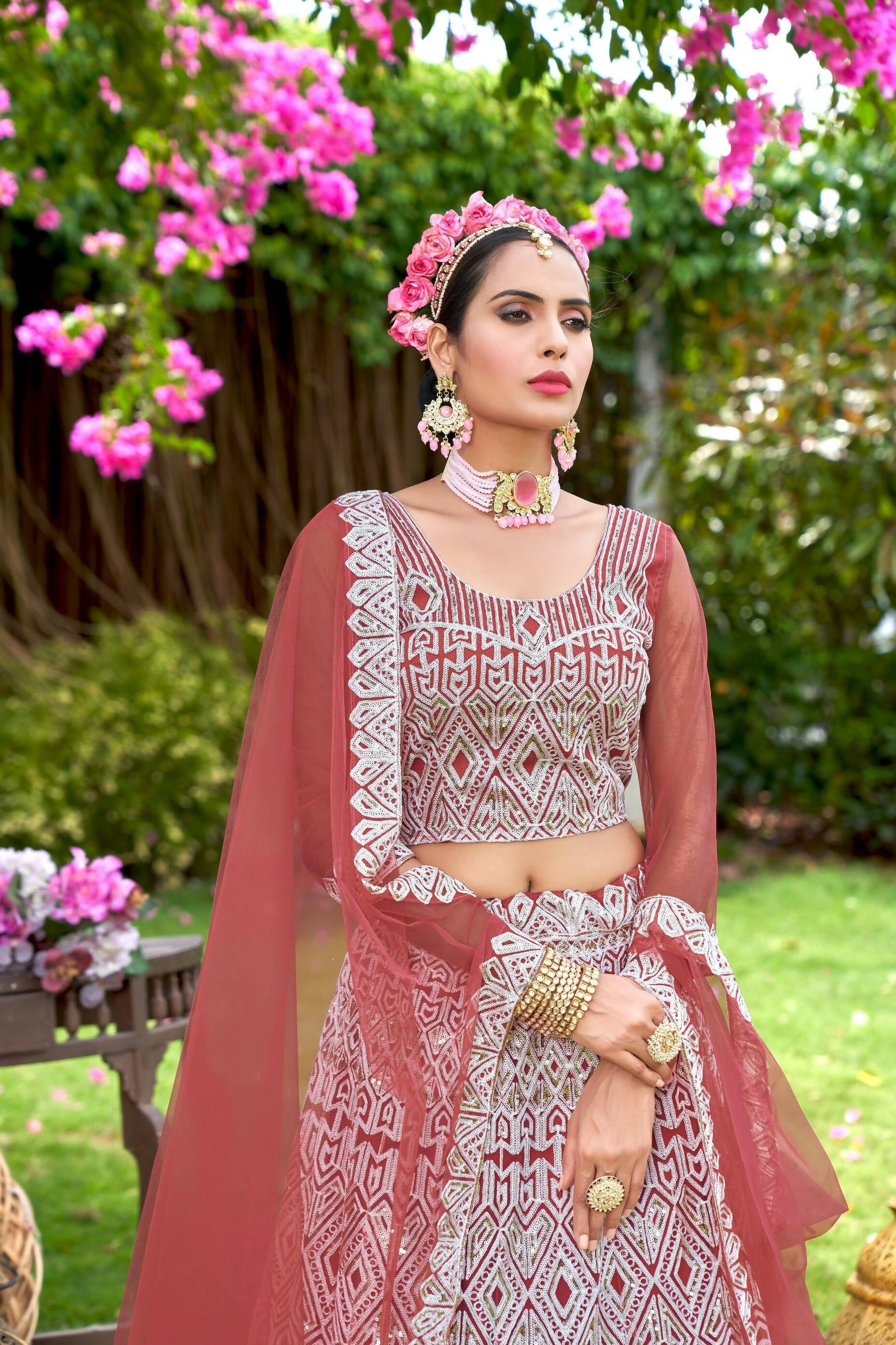 Pink Net Embroidered Semi Stitched Lehenga Choli with Dupatta - Bhagya | Grocsy