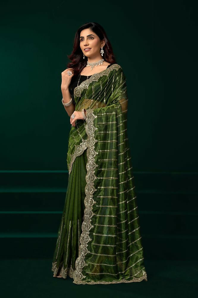 Joban Fashion Green Net Party Wear Sarees | Grocsy
