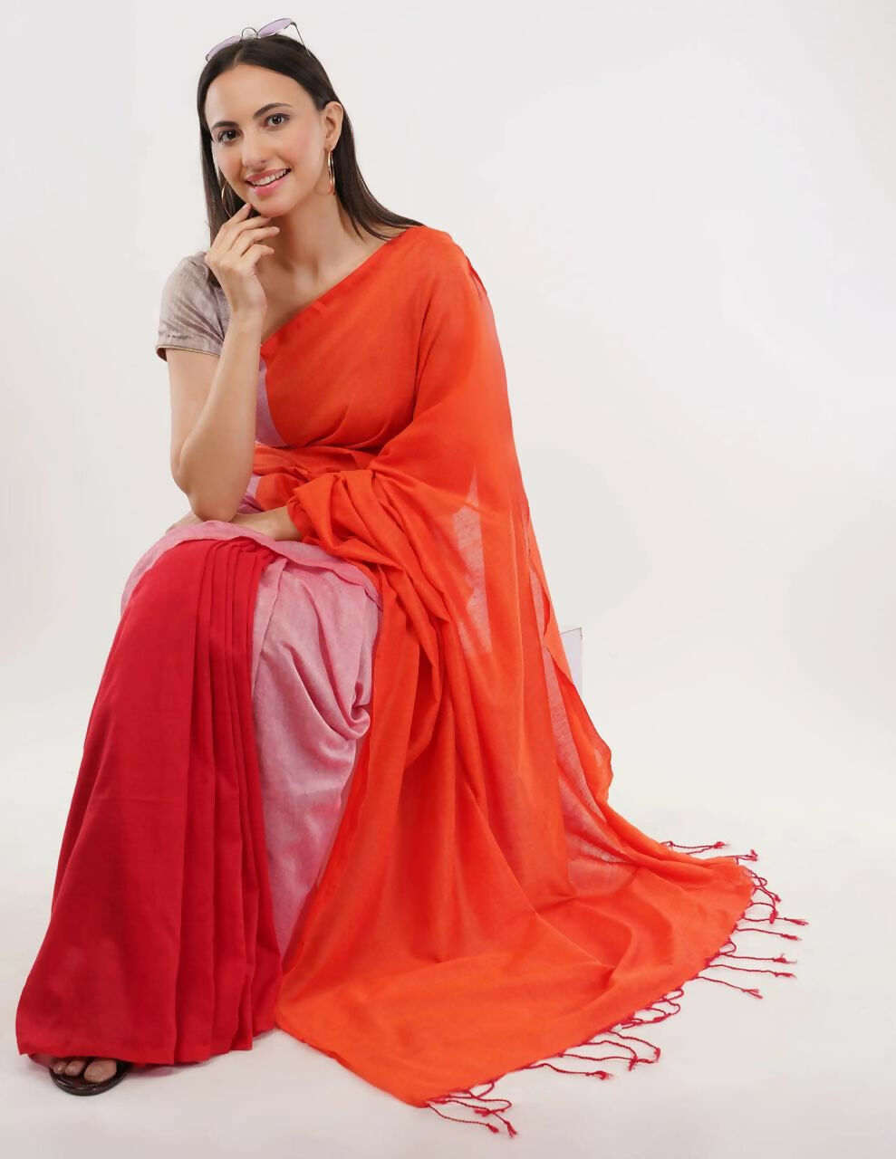 Exclusive Collection Beautiful Khadi Cotton Orange Light Pink Red Handloom Saree | Grocsy