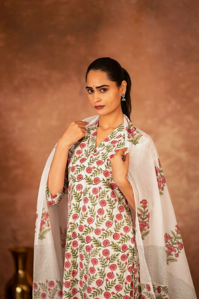 Joban Fashion Red Green Hand Block Printed Cotton Suit Set | Grocsy