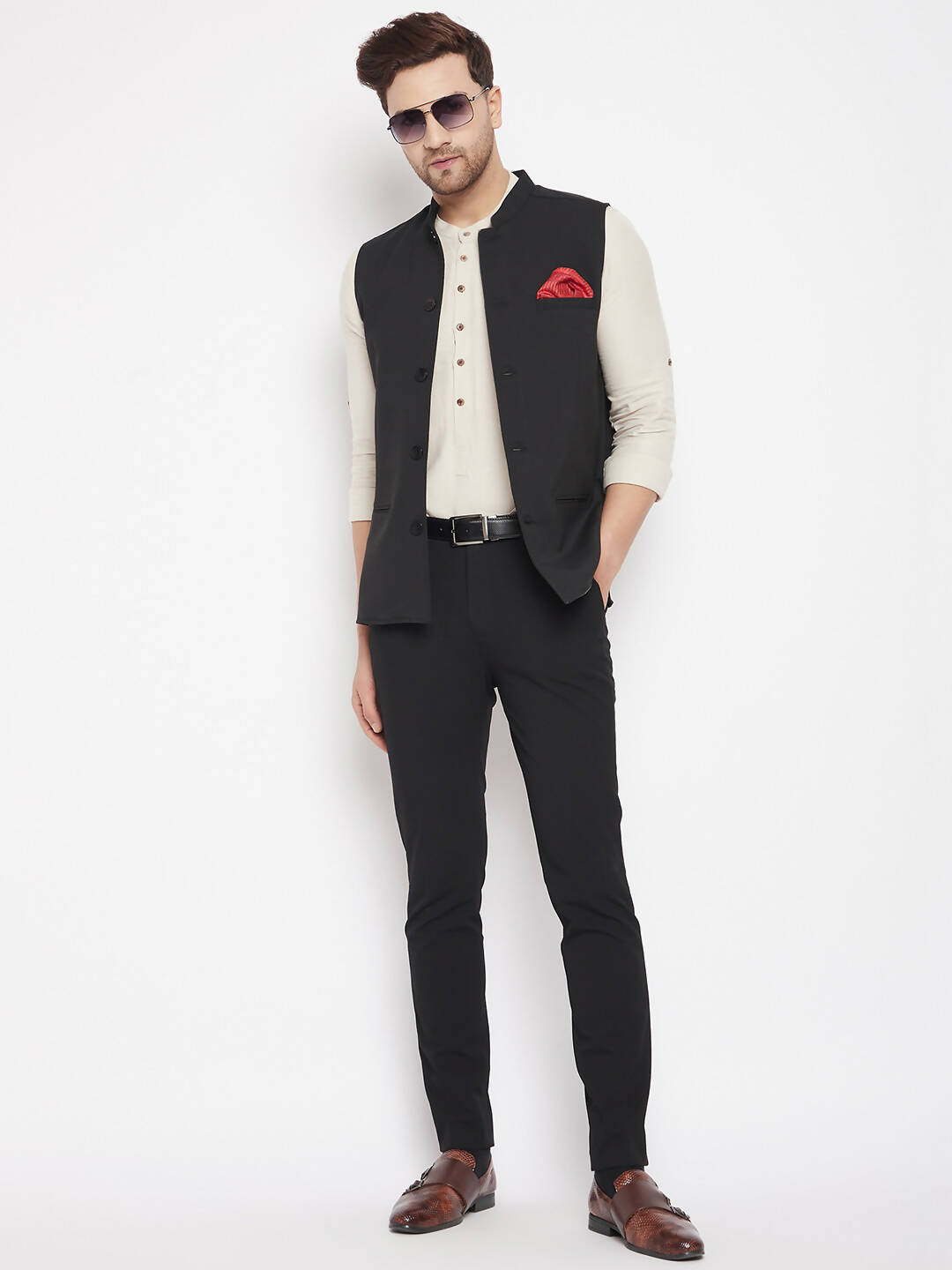 Even Apparels Black Merino Men Woven Nehru Jacket PW668 | Grocsy