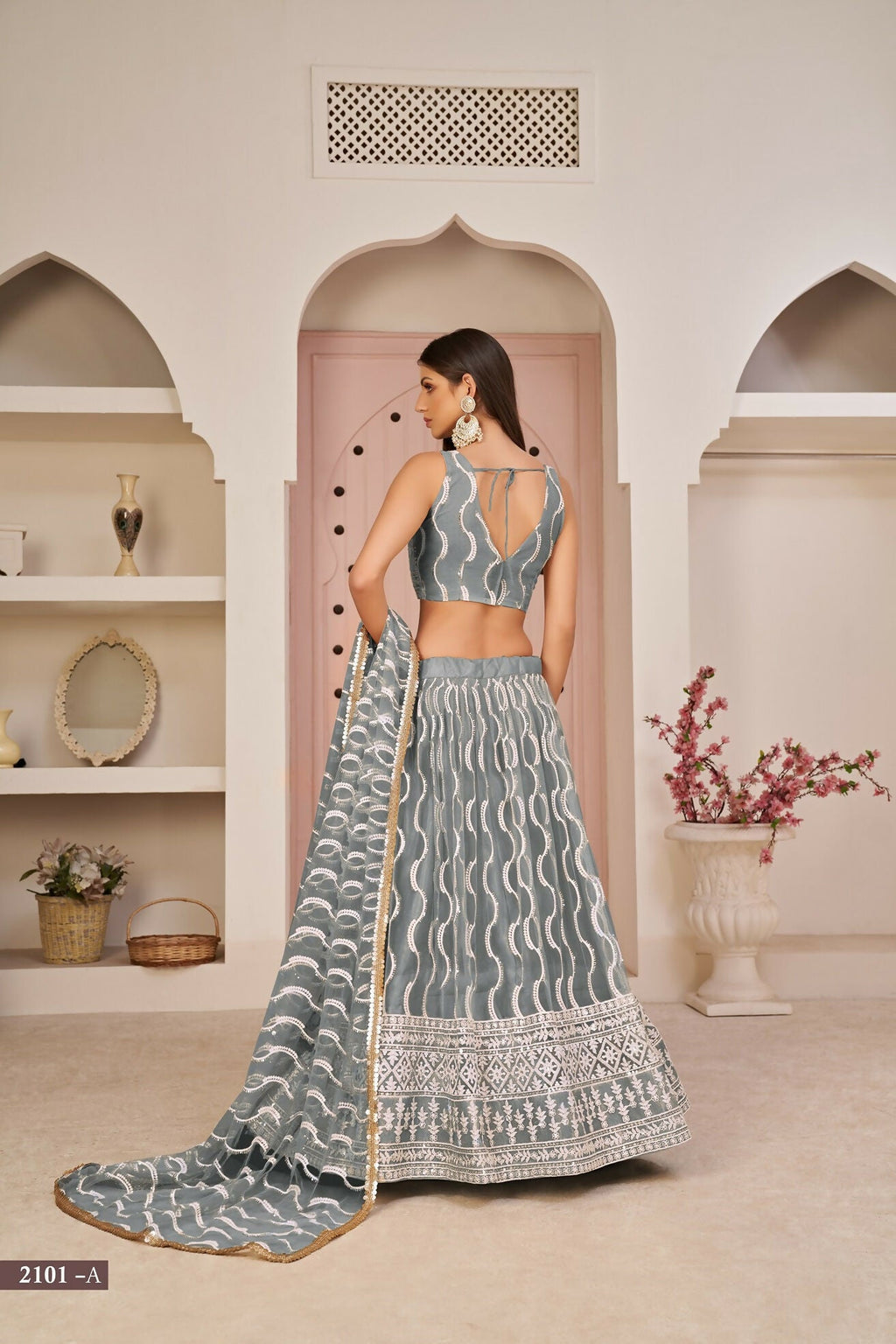 Eilara Mesmerizing Grey Butterfly Net White Cotton Thread Zari Sandwich Sequence Work Lehenga Choli For Wedding | Grocsy