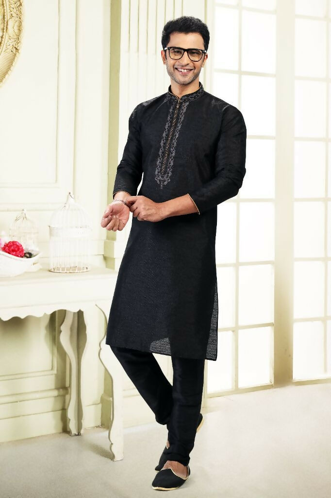 Raivat Ethnic Jacquard Banarasi Silk Thread Work Kurta Pajama In Black Colour | Grocsy