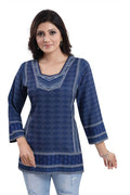 Snehal Creations Indigo Blue Summer Cool Short Kurti Tunic Top | Grocsy