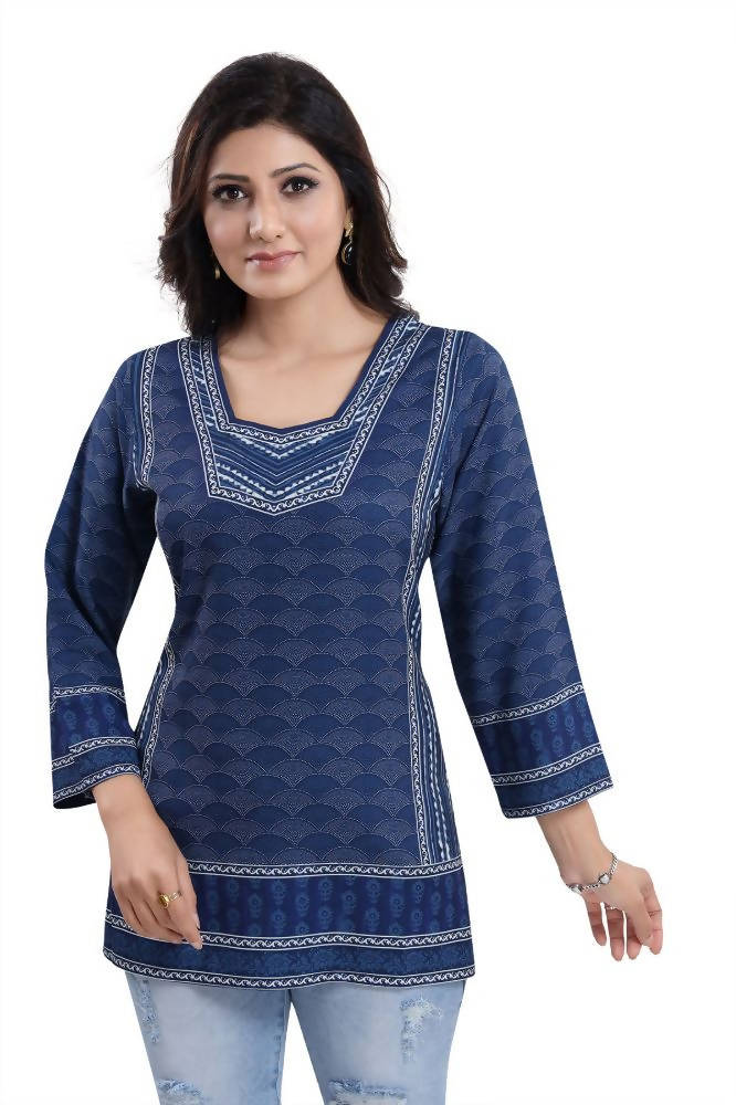 Snehal Creations Indigo Blue Summer Cool Short Kurti Tunic Top | Grocsy