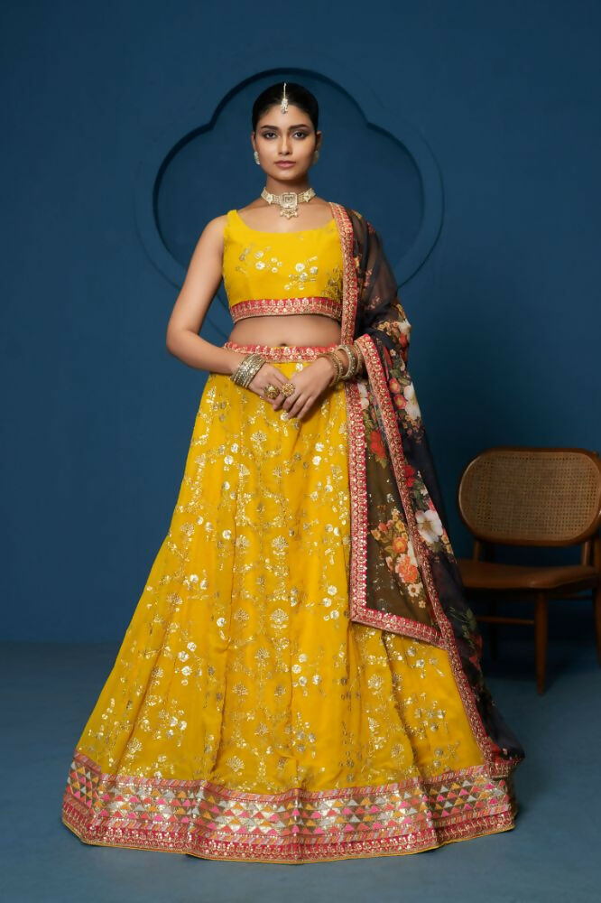 Yellow Floral Georgette Sequence Work Lehenga Choli - Jihu Culture | Grocsy