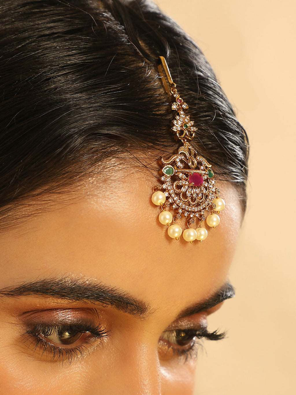 Nuyug 18K Gold Plated Ethereal Gulabi Stone Maang Tikka | Grocsy