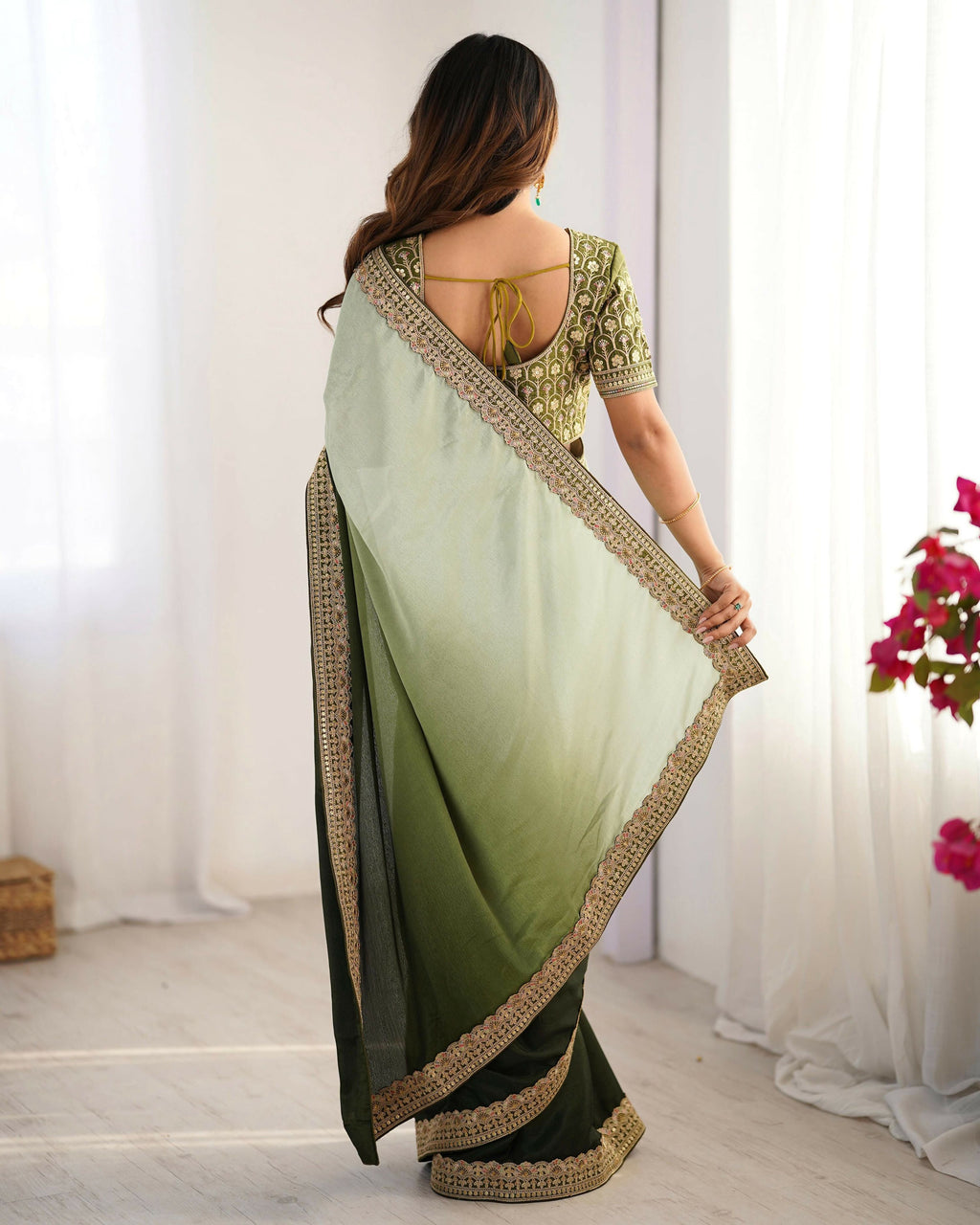 Exclusive Collection Pista Green Party Wear Chinon Salk Saree | Grocsy