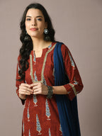 Myshka Women's Rust Printed Cotton Straight Party Kurta Set With Dupatta | Grocsy