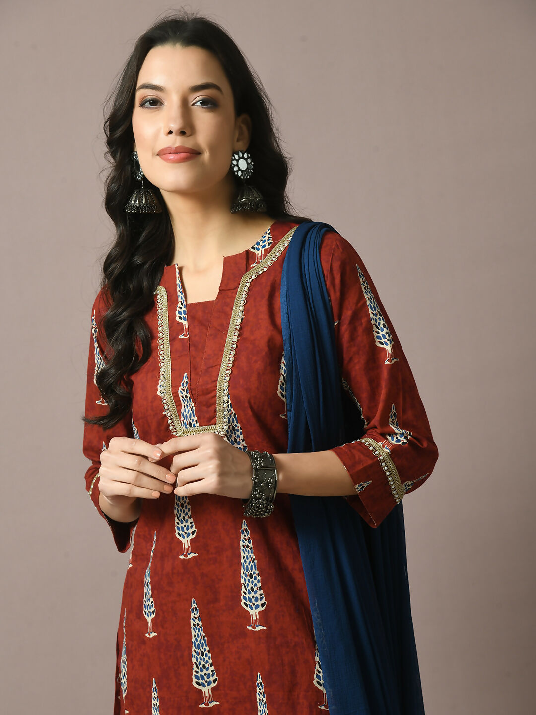Myshka Women's Rust Printed Cotton Straight Party Kurta Set With Dupatta | Grocsy