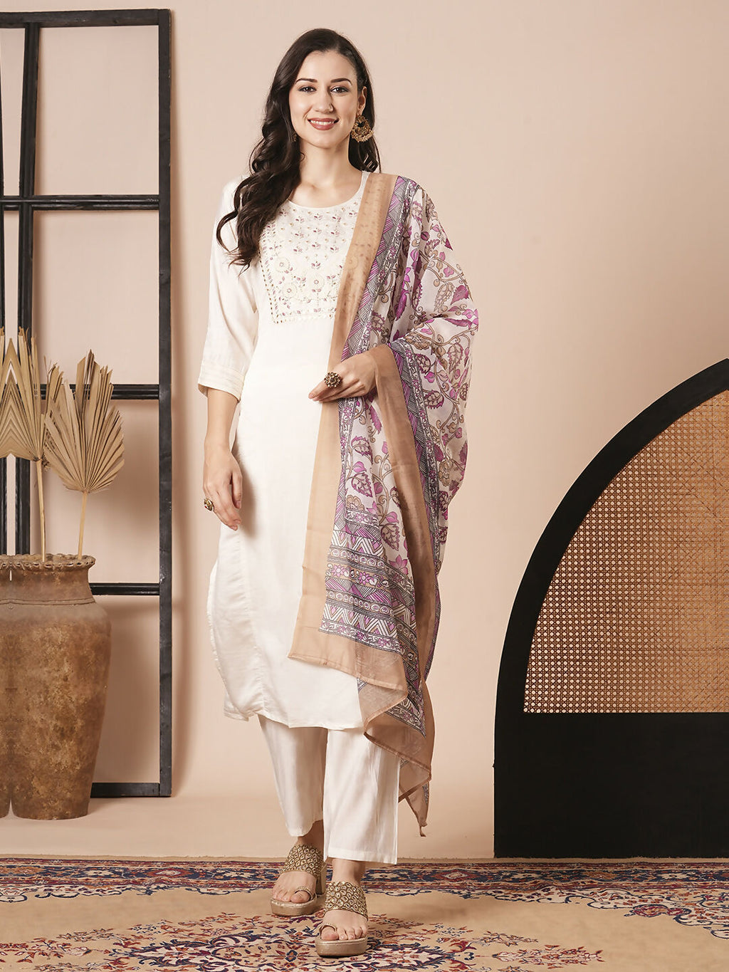 Cream Chanderi Embroidery Work, Printed Kurta Set - Riya | Grocsy