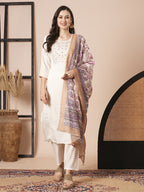 Cream Chanderi Embroidery Work, Printed Kurta Set - Riya | Grocsy