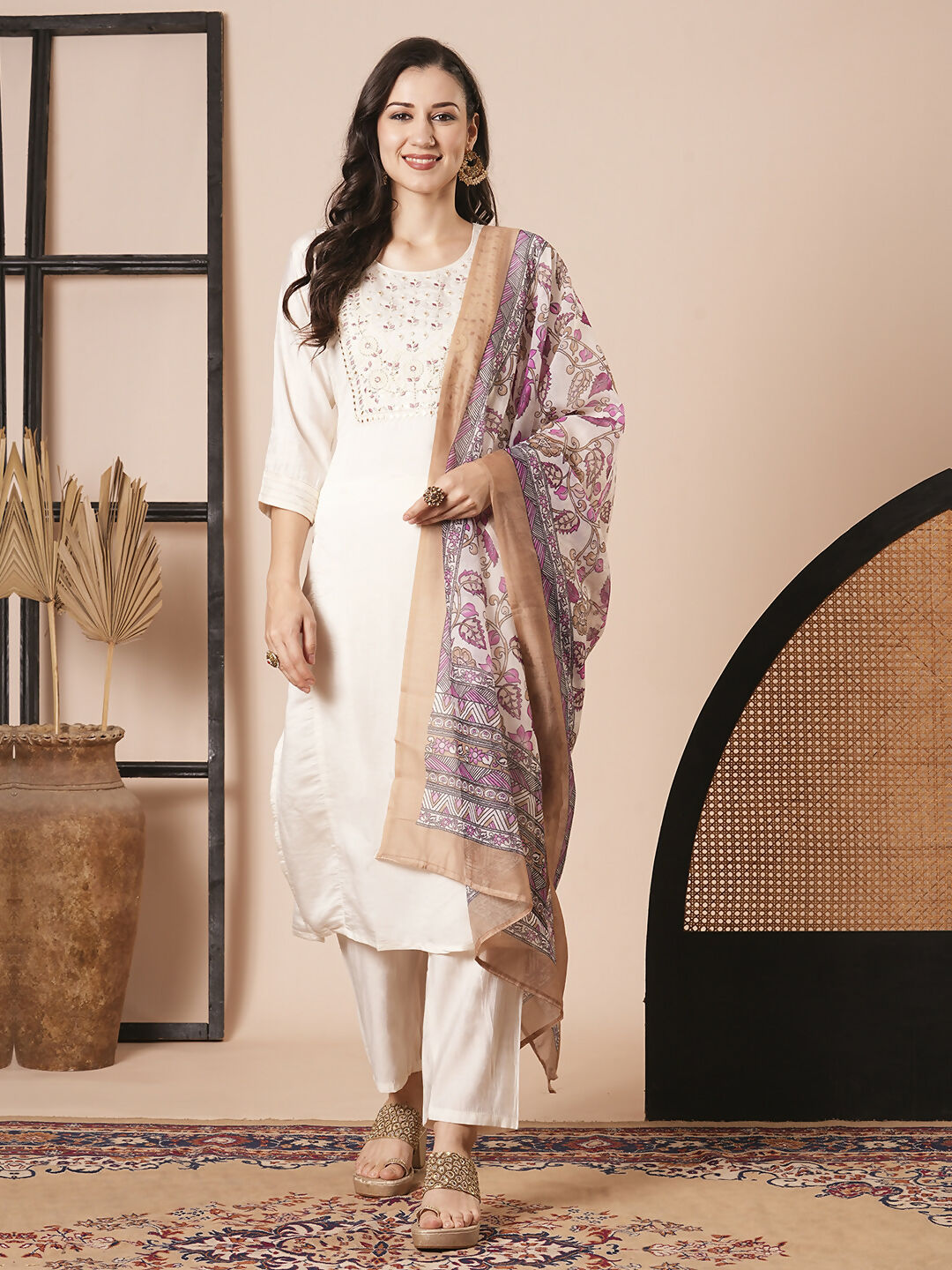 Cream Chanderi Embroidery Work, Printed Kurta Set - Riya | Grocsy